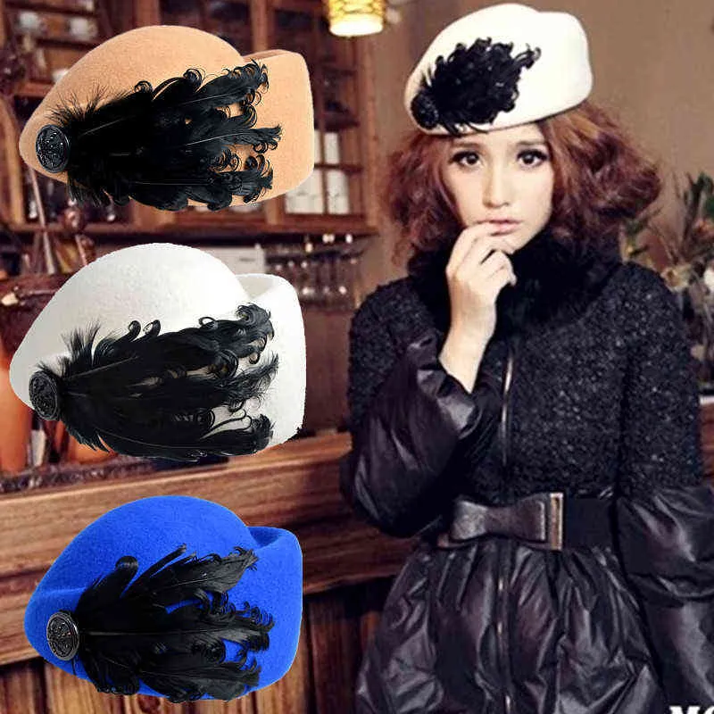 2020 nouveau luxe plume hôtesse de l'air casquette Fedora chapeau femme mode solide laine Vintage chapeaux pour femmes Style britannique de béret J220722