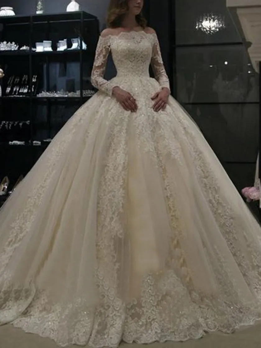 2022 new French Ball Gown wedding dress one-shoulder bride long-sleeved lace simple trailing tail Wed Dresses Vestido de novia