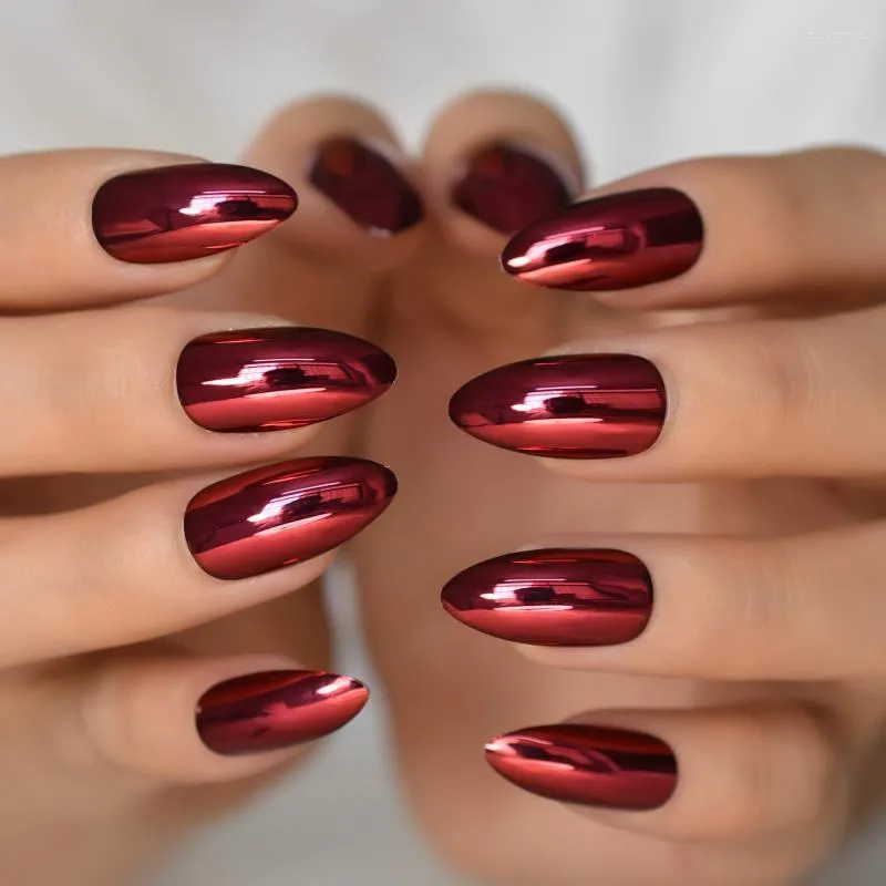 Faux ongles rouge foncé métallisé amande court bordeaux miroir presse sur ongles conseils Stiletto brillant couverture complète bâton 24 pièces Prud22