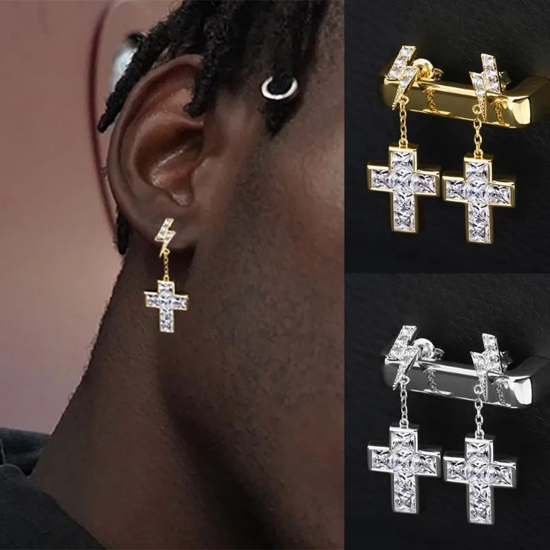 Ciondola Lampadario Hiphop Croce Ciondolo Orecchino Per Uomo Donna Oro Dazzling CZ Studded Drop Rock Piercing Earing Gioielli di moda OHE138Dang