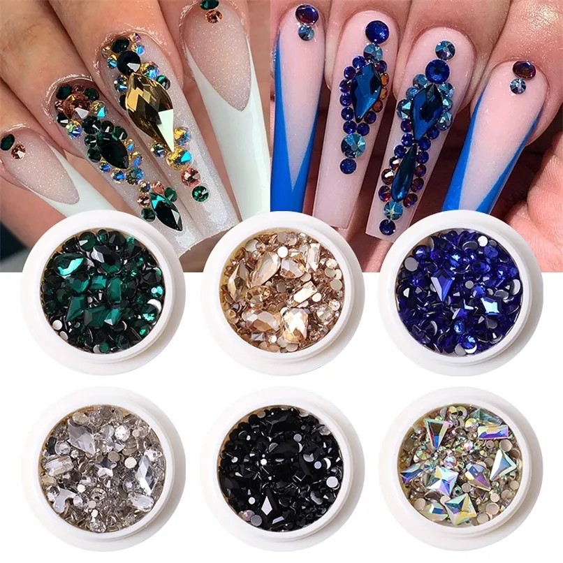 3D Nail Charms Glitter Dark Blue Green Nail Flatback Crystal Diamond Gems Nail Art Luxurious Decorations Accessories 220525