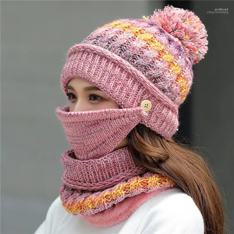 Estilo Moda Gorro de lana tejido Invierno para mujer Versátil Estilo coreano Gorro cálido Bufanda Mascarilla Conjunto de tres piezas 1 Scot22