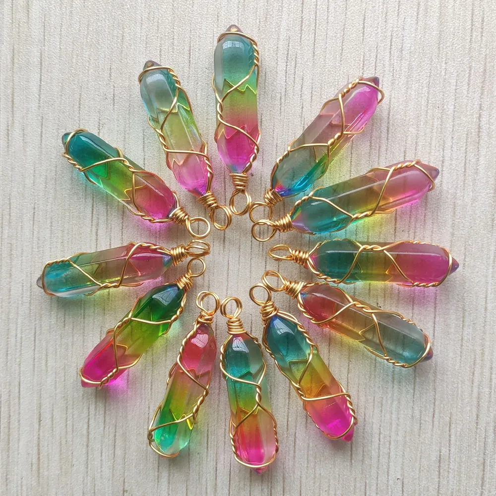 3 cores vidro hexagon prism encantos os pingentes de pilar de arame de cobre feitos à mão para fabricação de jóias