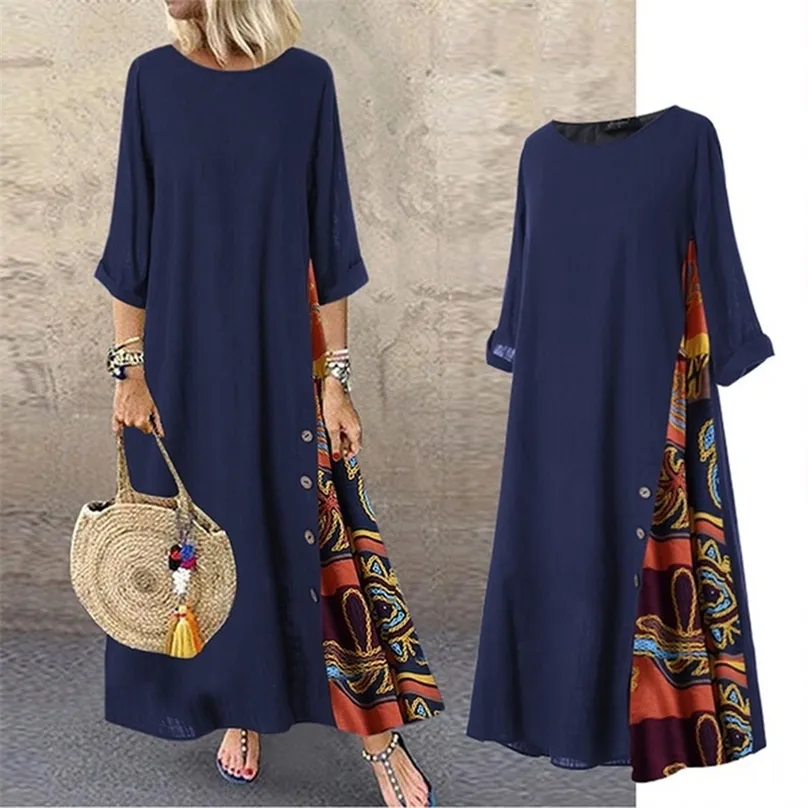 Women Vintage Maxi Dress Summer Solid O Neck Stitching Printed 3 4 Sleeve Side Buttons es Loose Casual Long Plus Size 220611