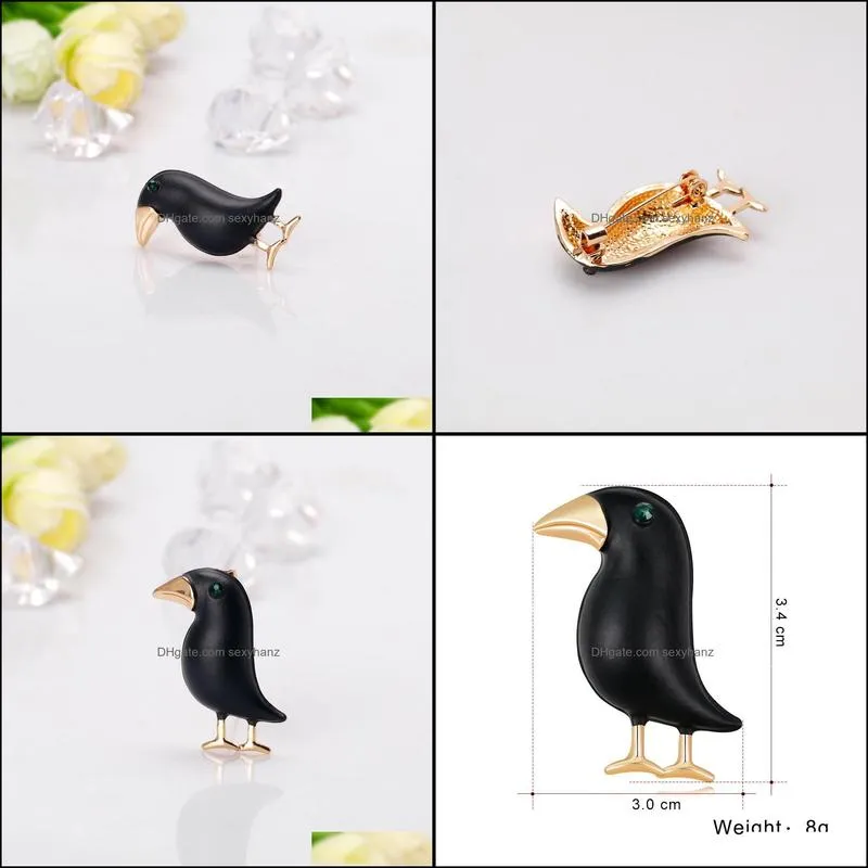 Crow Brooch Black Paint Bird Enamel Brooches for Men Women Suits Dress Hat Collar Pins Animal Gifts