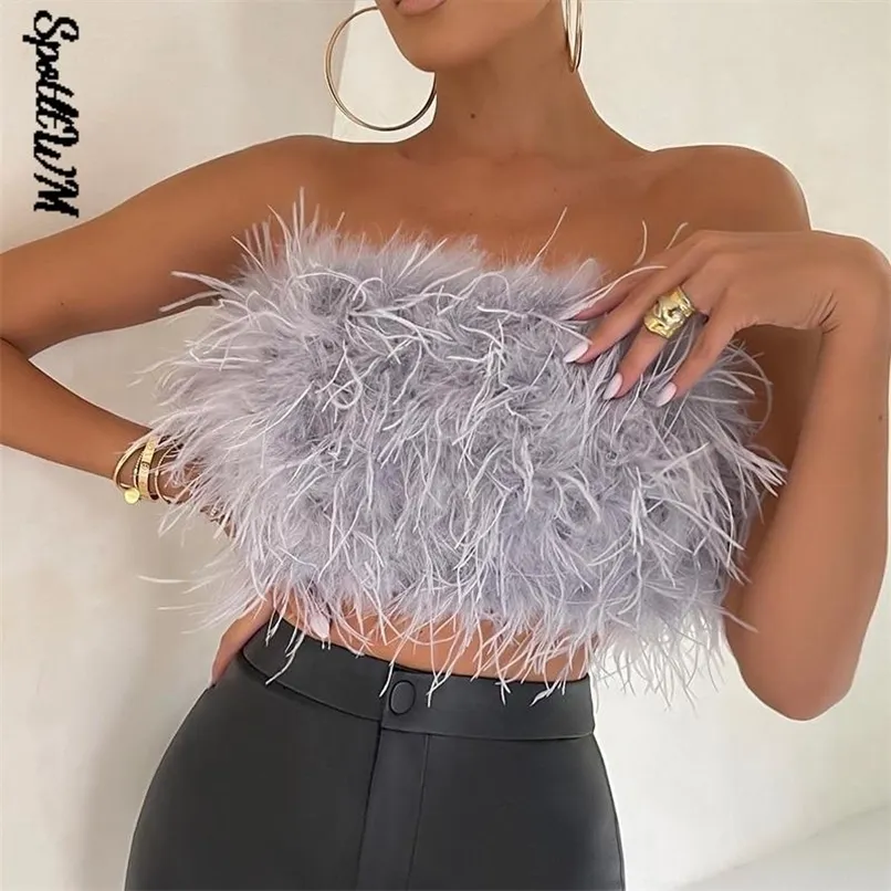 Fashion Women Sexy Furry Tops Camis Casual Tank Female Chic Sleeveless With Real Ostrich Feather Tunic Vest 220316