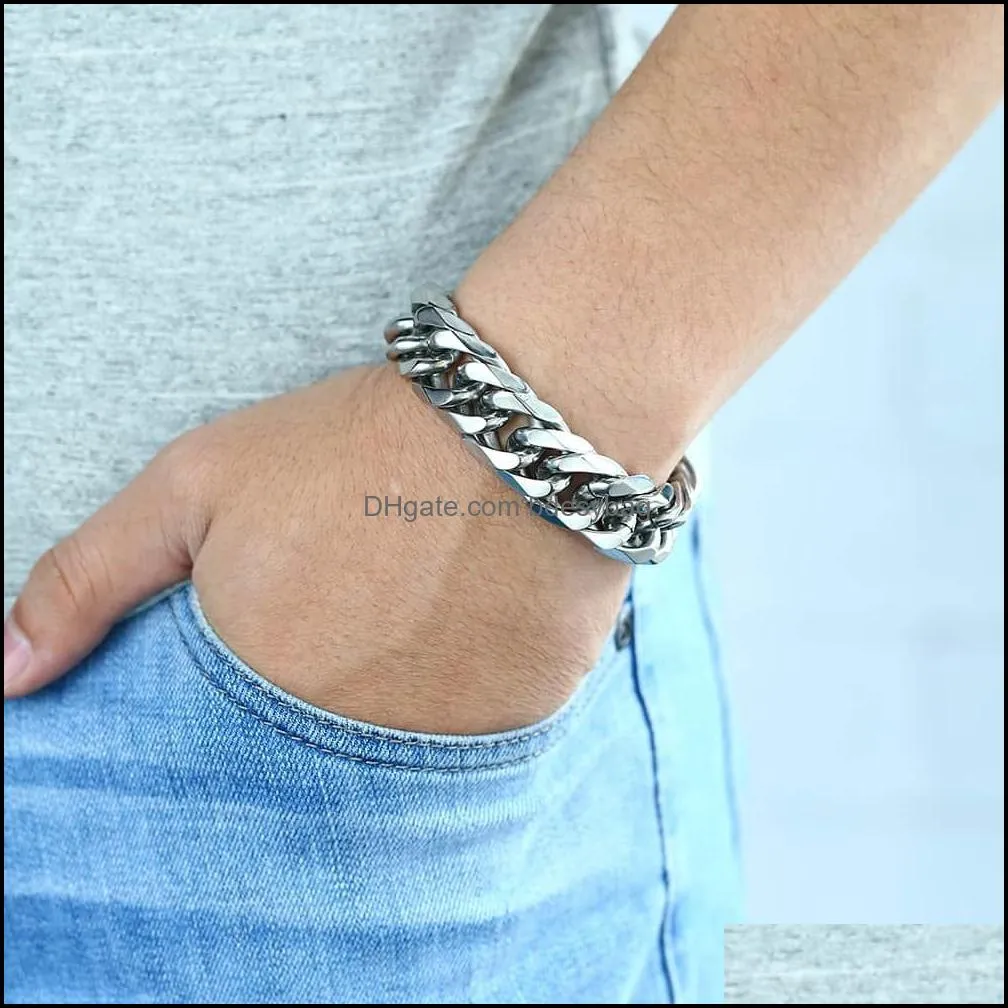 davieslee 18/22mm heavy men`s bracelet curb cuban link silver color 316l stainless steel wristband male jewelry dlhb287