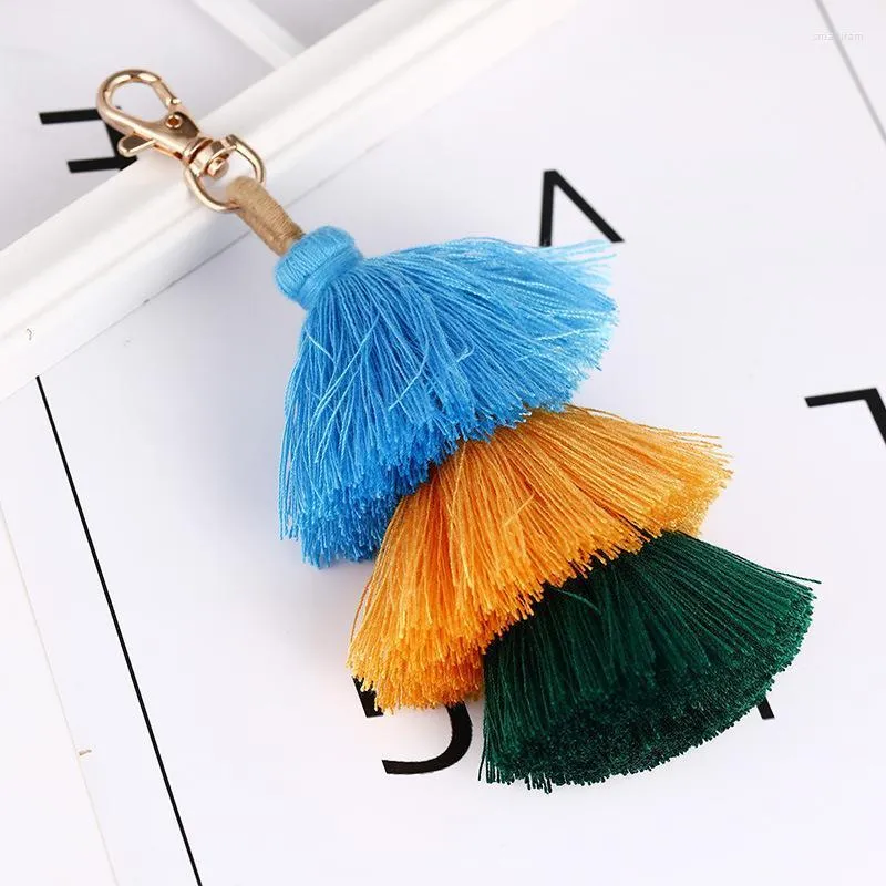 Keychains Fashion 3 Layer Gradient Alloy Tassel Keychain DIY Handmade Charm Women Bag Pendant Colorful Pom Key Chain Accessories Smal22