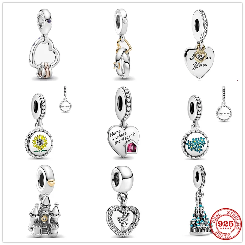 925 Sterling Silver Dangle Charm Castle Sunflower Beads Bead Fit Pandora سوار سوار سوار المجوهرات DIY