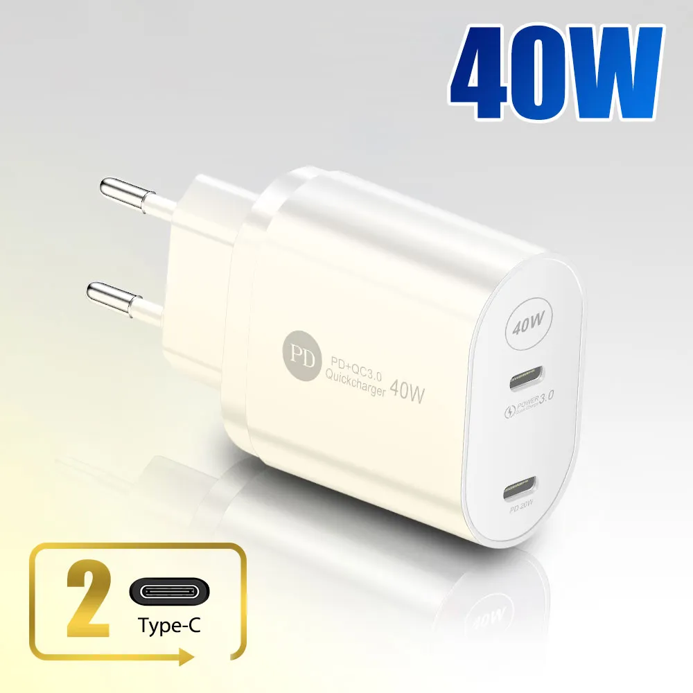 40W PD+QC3.0 Snabbladdare Dual Ports Type-C Snabbladdadapter för iPhone 13 Mini 12 Pro 11 Max Samsung S22 Huawei Xiaomi Oppo Vivo LG Wall Chargers