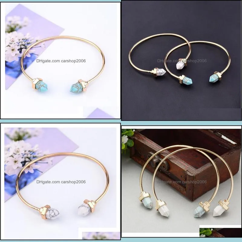 Open Natural Stone Cuff Bangle Gold Plated Geometric Hexagonal Pile Blue Turquoise Charm Bracelets&Bangles For Women or Men