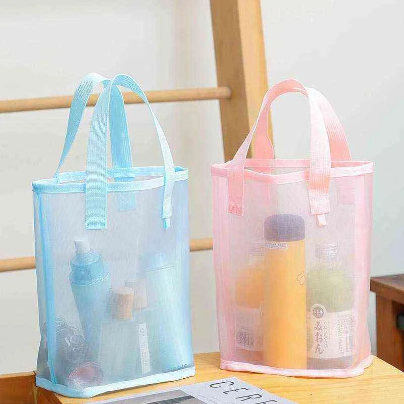 Ny Simple Mesh Handbag Mesh Storage Bag Girls Gå ut för att bära påsar Make-Up Wash and Store Beach Bags 220609