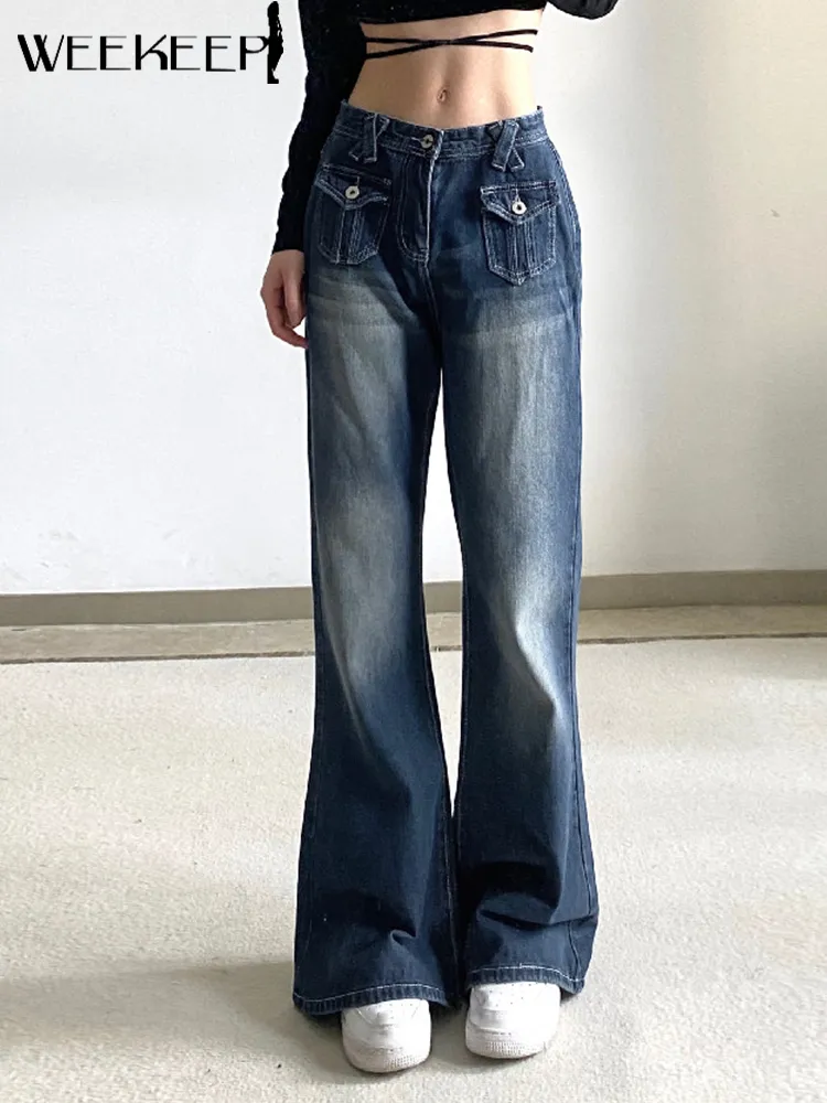 Weekeep Cargo Jeans Women Streetwear Low Rise Bootcut Mom Jeans Grunge Black Slim Denim Pants Harajuku pojkvän Basic Y2K Pants 220813