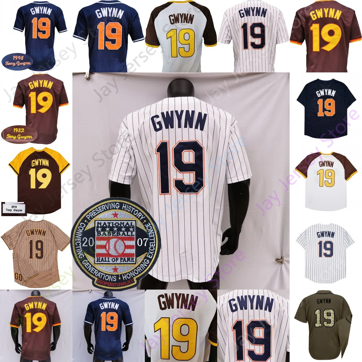 Tony Gwynn Jersey Vintage 1978 1982 Marinha Branco Café Pulôver Botão Riscas Malha Bp Saudação ao Serviço 2007 Hall of