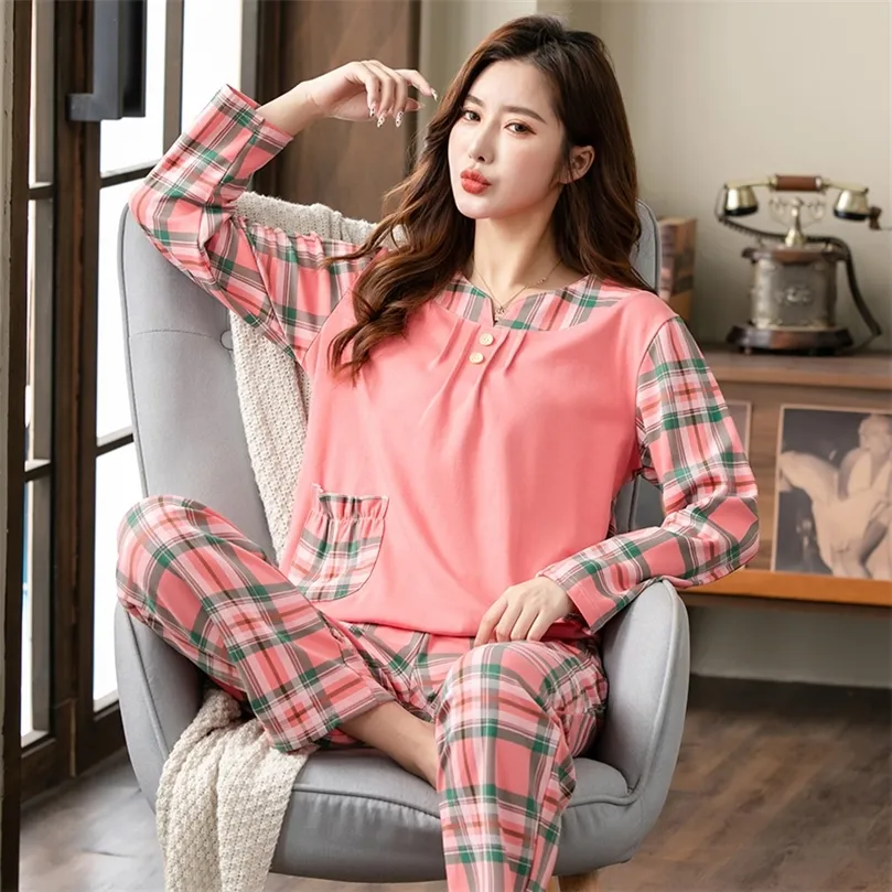 Pyjamas Female Lattice Stitching Pure Cotton Fashion Women Long Sleeve Pajamas Set 2Piece/set Sexy Spring Home Lounge Gift XXXXL 220421