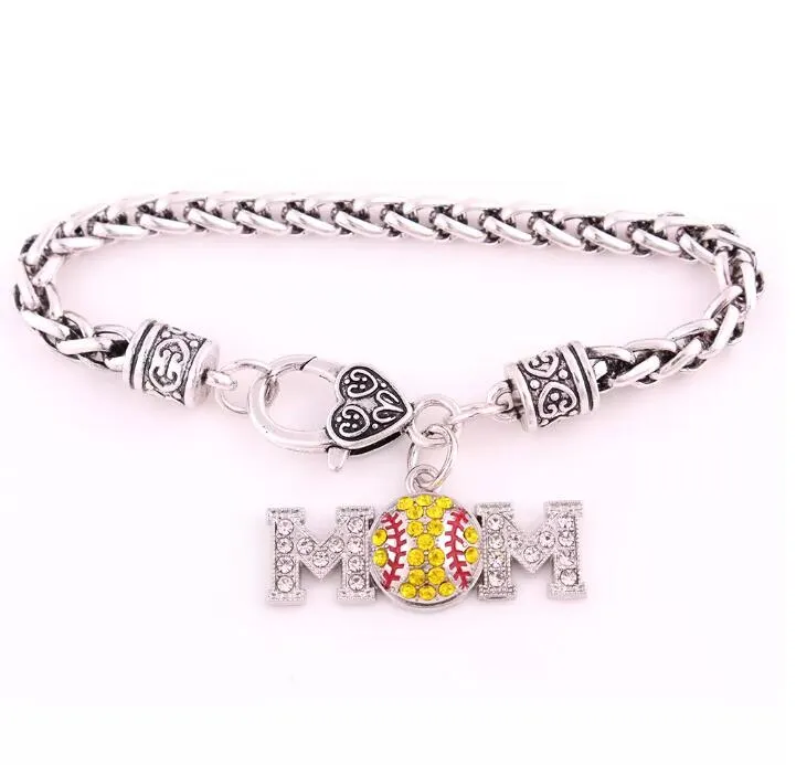 Titanium Sport Accessories Coach Gift Antique Sliver Plated Multi-Color Studded With Sparkling Crystal MOM BASEBALL Or SOFTBALL Charm Sports Wheat Bracelet