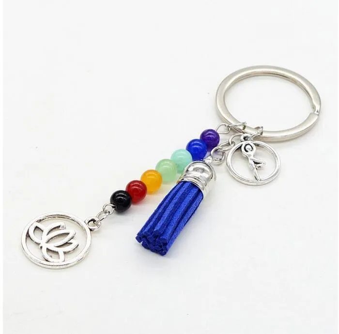 Seven Chakra Stone Tassel Keychain Pendant Lotus Reiki Healing Yoga Natural Gemstone Beaded Key Chain Creative Keyring