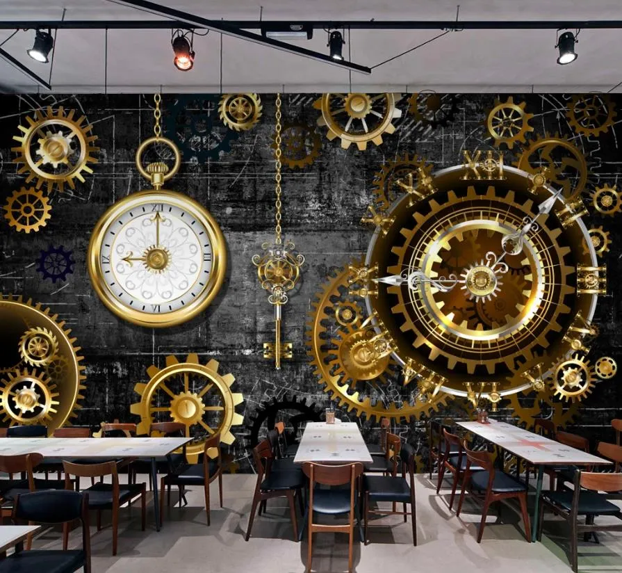 カスタム3D写真壁紙工業スタイルゴールデンギアクロック背景ステッカーリビングルームベッドルーム装飾壁紙壁画