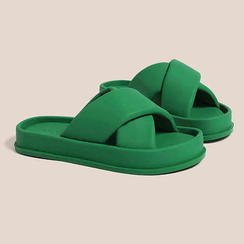 크로스 밴드 슬리퍼 PU 가죽 플랫폼 샌들 여성 오픈 발가락 비치 슬라이드 두꺼운 바닥 신발 여름 야외 플립 플립 220615