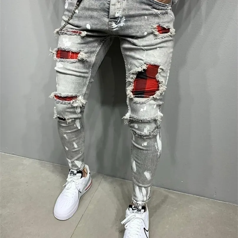 Man Elastische Taille Patchwork Jogging Denim Broek Heren Gewatteerde Geborduurde Jeans Skinny Jeans Ripped Grid Stretch Broek 220328