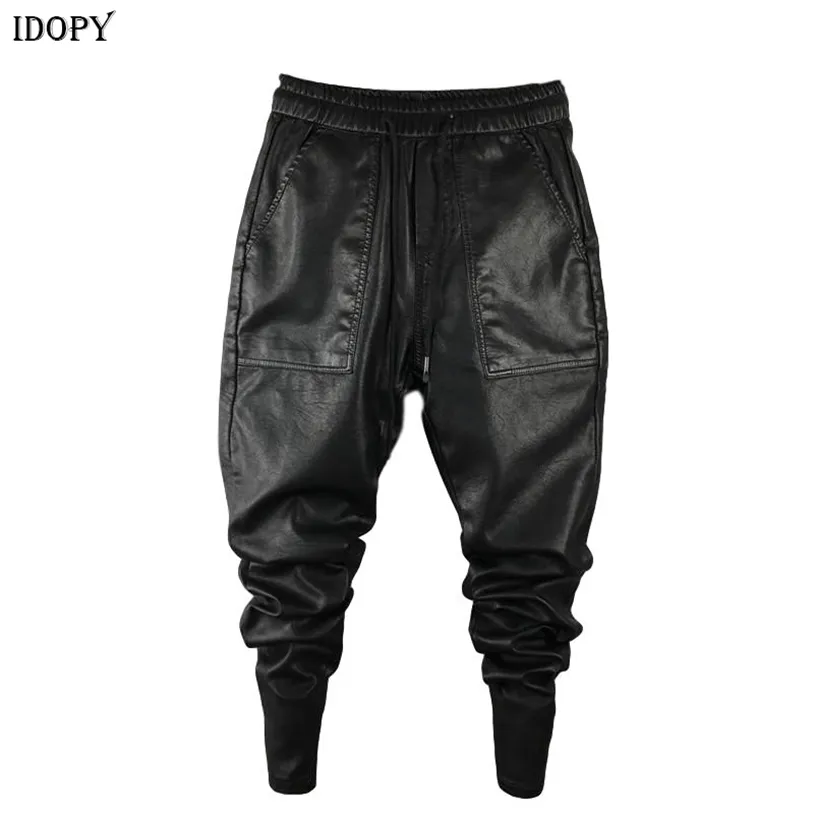 Idopy Men's Winter Warm Faux Leather Harem Pants Elastic Waist Drawstring Pu Joggings Male 220325