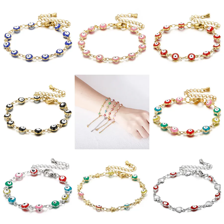 Colorful Evil Eye Beaded Strands Chain Bracelet For Women Classic Stainless Steel Wrap Bangle Female Fashion Jewelry Gift