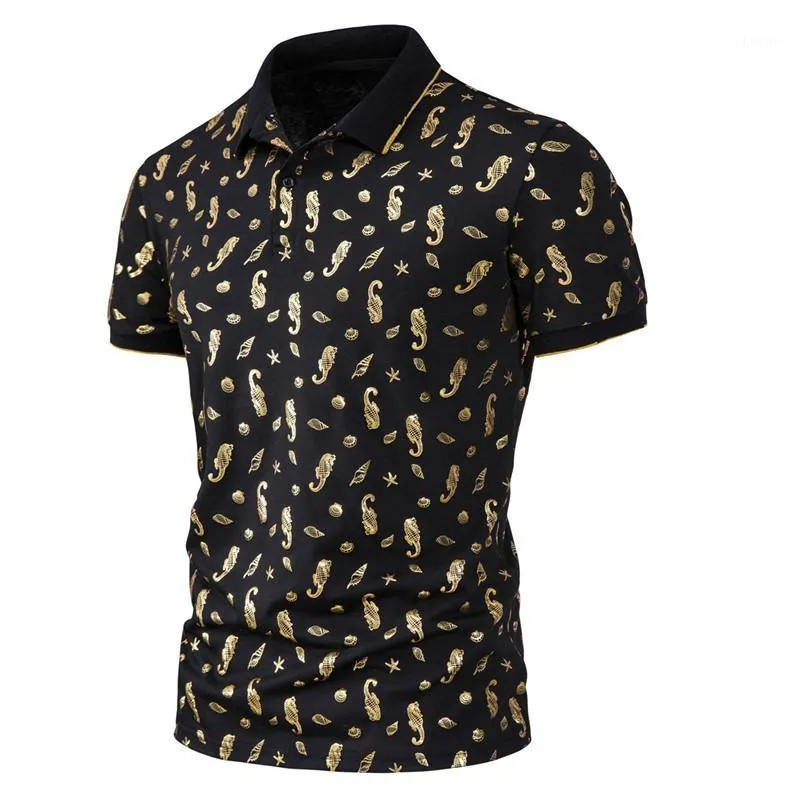 Polos para hombre, camisa bordada con estampado bronceado de concha de caballito de mar para hombre, ropa de marca de verano de manga corta de calidad