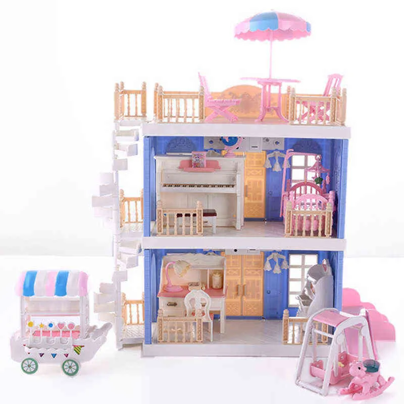 Bebek diy bebek ev aksesuarları pembe mavi prenses villa el yapımı inşaat minyatür mobilya çocuklar için hediye
