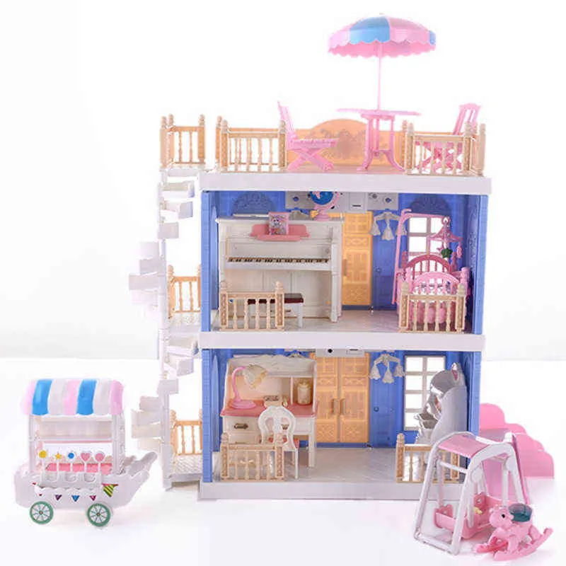 Accessori per la casa delle bambole fai-da-te per bambini Rosa Blu Princess Villa Costruzione fatta a mano Mobili in miniatura Casa delle bambole per regalo per bambini