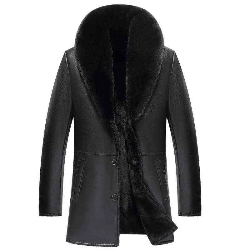 프로모션 저가 겨울 겨울 긴 분리 가능한 큰 모피 칼라 가죽 재킷 남성 가죽 자켓 가짜 모피 두꺼운 매우 따뜻한 재킷 L220725