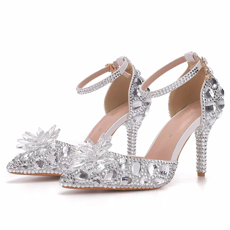 Scarpe con tacco alto Rhienstone a punta argento Taglie forti Scarpe da sposa da sposa Scarpe da ballo per feste da donna 3 pollici