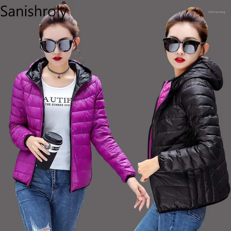 Sanishroly 2022 Double Coat Kvinna Hooded White Duck Down Coats Kvinnor Ultra Light Jacka Kort Outwear Plus Size M-4XL S272