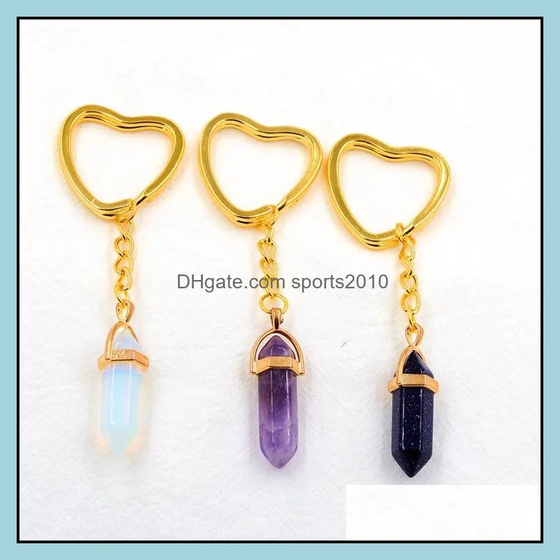 gold hexagon prism reiki healing natural stone keychains chakra amethyst pink rose crystal heart key rings keyrings women m sports2010