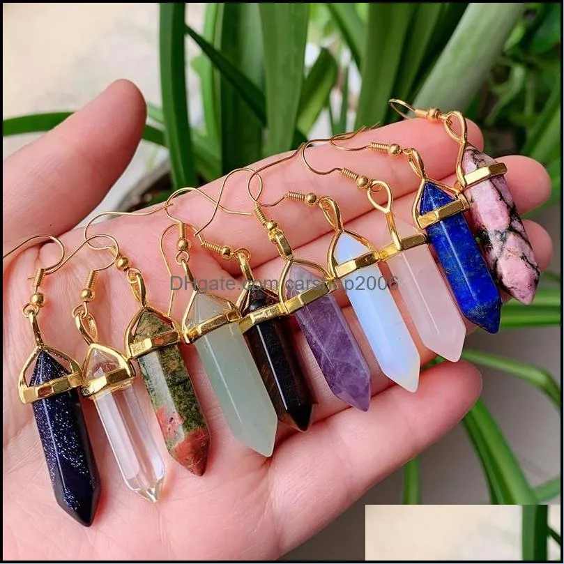 designer hexagon stone pendulum charms earrings rose quartz turquoise lapis lazuli gold plated healing crystal dangle brand jewelry for