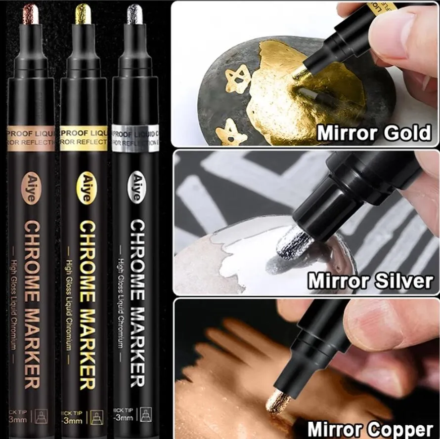 Espelho caneta de caneta refletora de metal cromo placa dourada de prata marcador de cobre diy assinatura líquido modelo de alto brilho eletroplatação