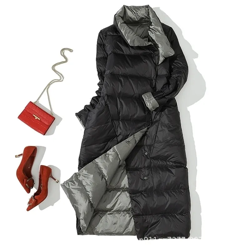 Winter Duck Down Jacket voor vrouwen Dubbele zijde Warm Turtleneck Outswear Light Long Parkas Warm Femal Outdars Solid Color 5xl 201210