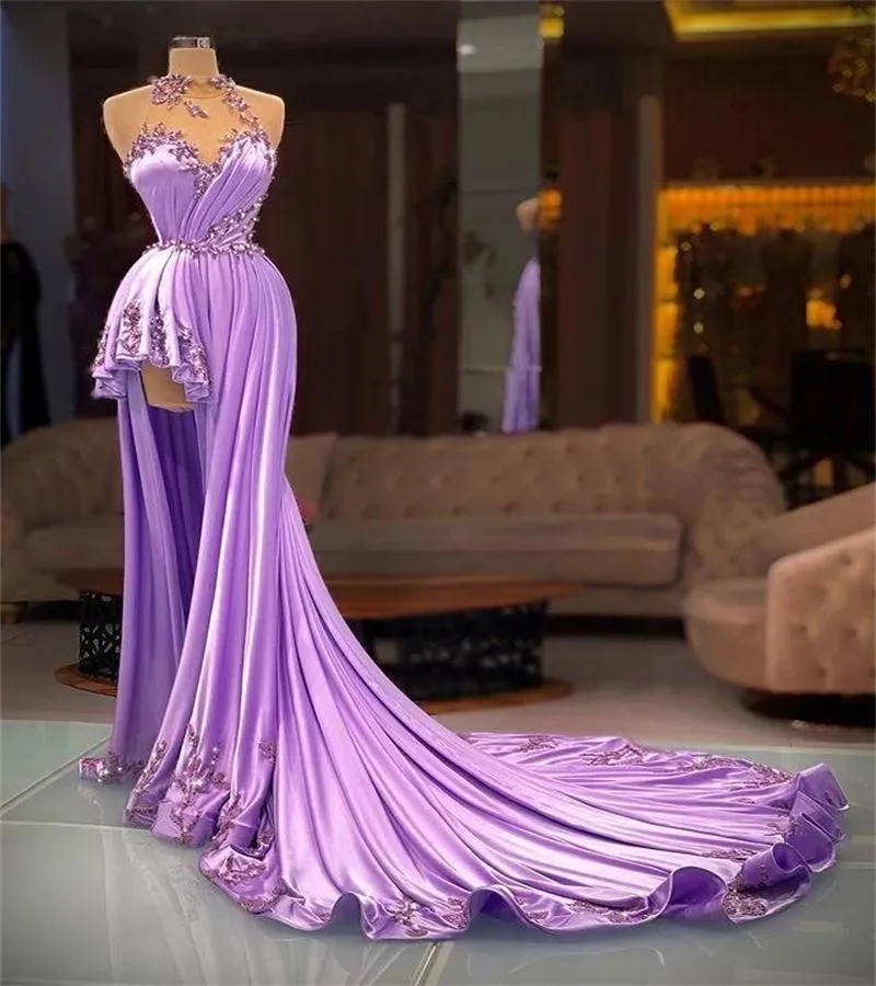 자주색 A- 라인 이브닝 드레스 여성 소매없는 고삐 새틴 V 목 아플리케이드 구슬 길이가 높은 측면 분할 공식적인 드레스 루치 댄스 파티 드레스 플러스 사이즈