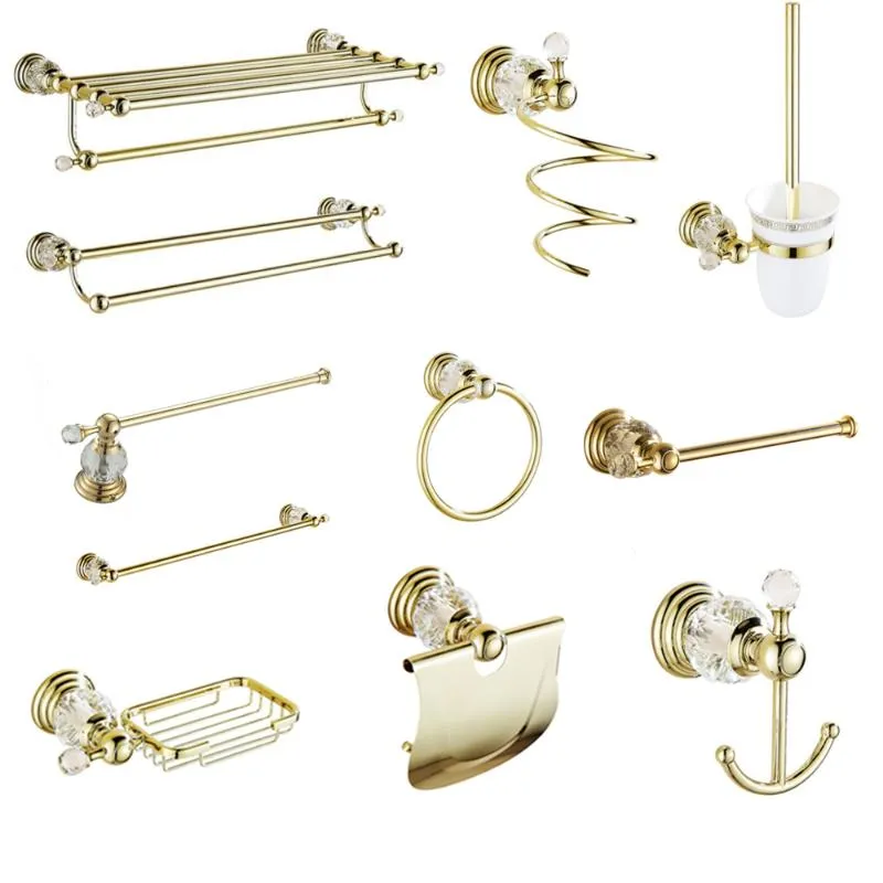 Bath Accessory Set Polished Gold Bathroom Accessories White Crystal Decoration Hardware Solid Brass Double Towel Ring HolderBath