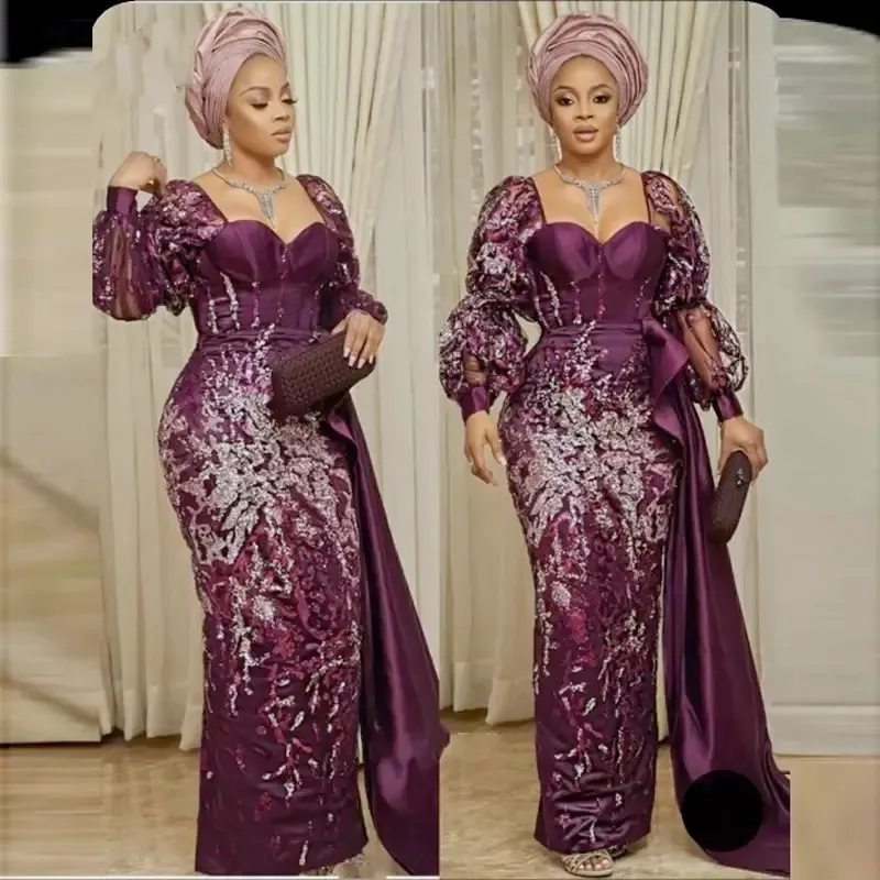 Dubai African Aso Ebi Avondjurken met lovertjes kant -appliques Mermaid prom jurk plus size dames moslim feestjurken