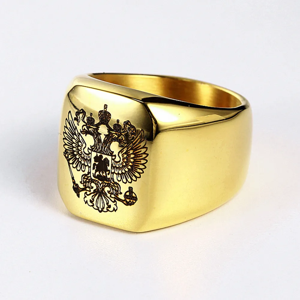 Rysk National Emblem Signet Ring 8/9/10/11/12/13 rostfritt st￥l m￤n pl￤terade guld silver blaack dubbelhuvud ￶rn manlig dominerande broderliga finger smycken