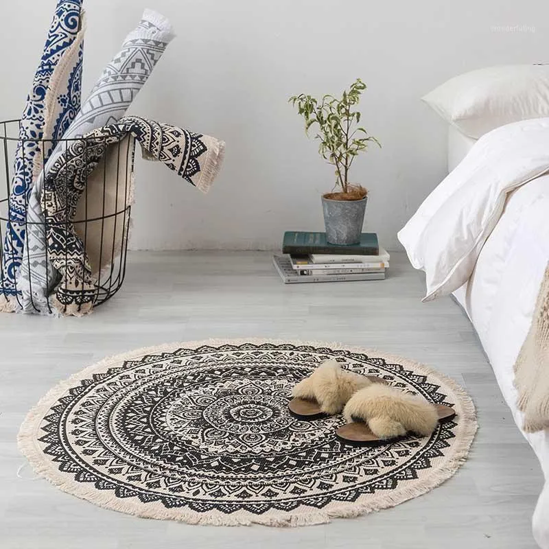 Tapis rond en coton et lin pour salon enfants nordique chambre tapis antidérapant tapis de sol entrée paillasson décor à la maison