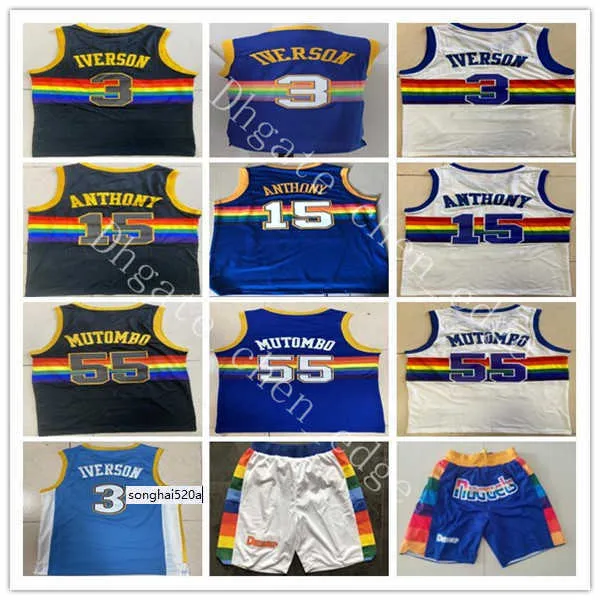 Baskeball van topkwaliteit 3 ​​Allen Jersey Iverson gestikt 15 Carmelo 55 Dikembe Anthony Mutombo Jerseys Shorts White Blac Jerseys