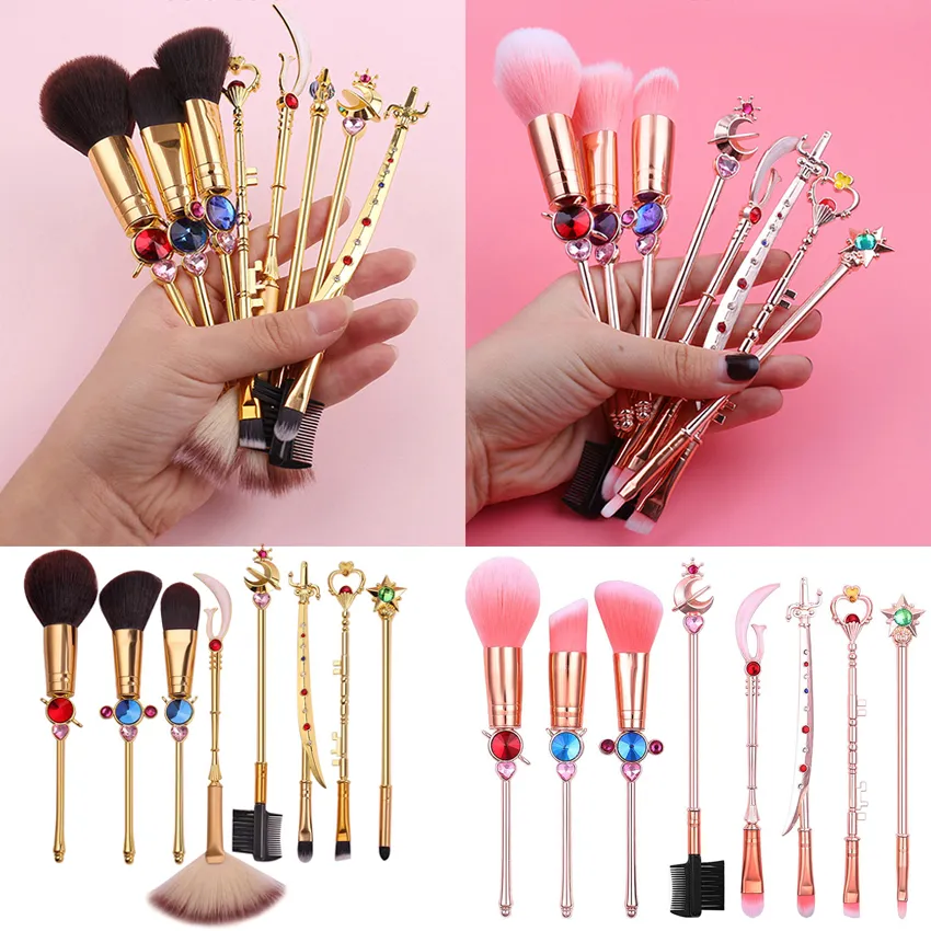 Sailor Moon Pinceaux de maquillage 8pcs Anime Magic Wand Cosmetics Brush Set avec pochette rose Professional Foundation Powder Flat Eyeline Blush Brushes Kit