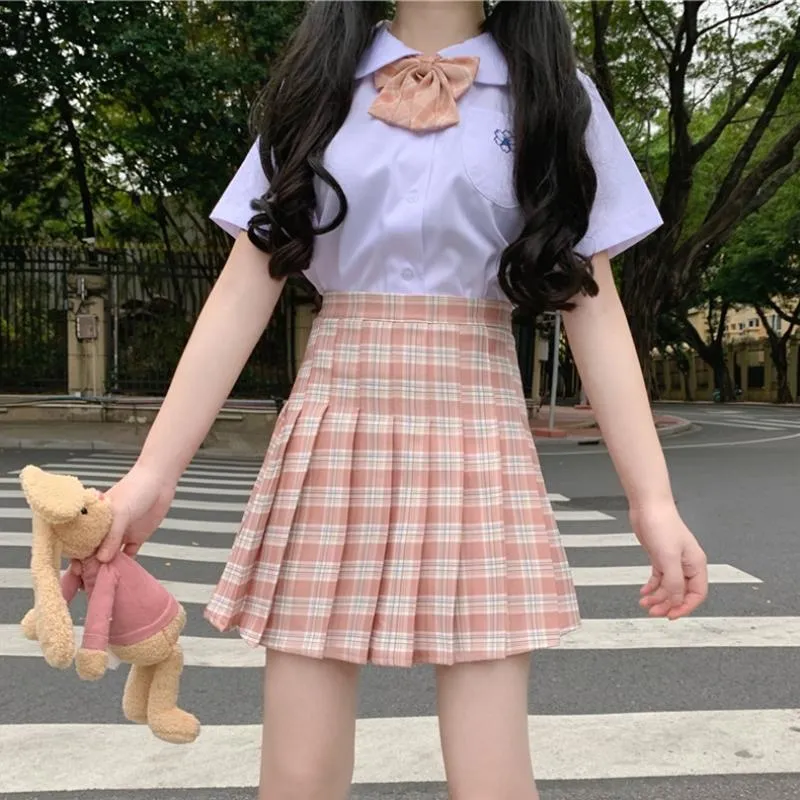 Kläder sätter japansk college JK Plaid veckad kjol Nedre A-Line High midja Barn Summer Tide School Girl Kirt Clothing