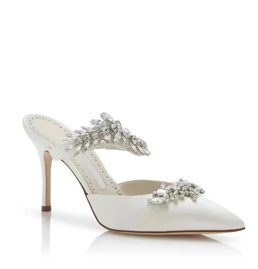 Women's Pointed Toe Wedding Shoes - Satin Pearl Ankle Strap Mid Heel Bridal Sandals, 6cm Heel