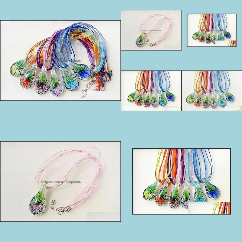 charm waterdrop art murano lampwork glass pendant necklace flowers inside women girls summer jewelry 6color
