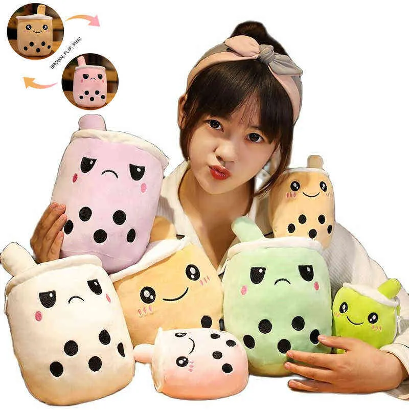 Divertente emozione reversibile Boba Tè Abbracci Double Sided Bubble Soft Doll Filled Happy Angry Milk Toy Regali per bambini J220704