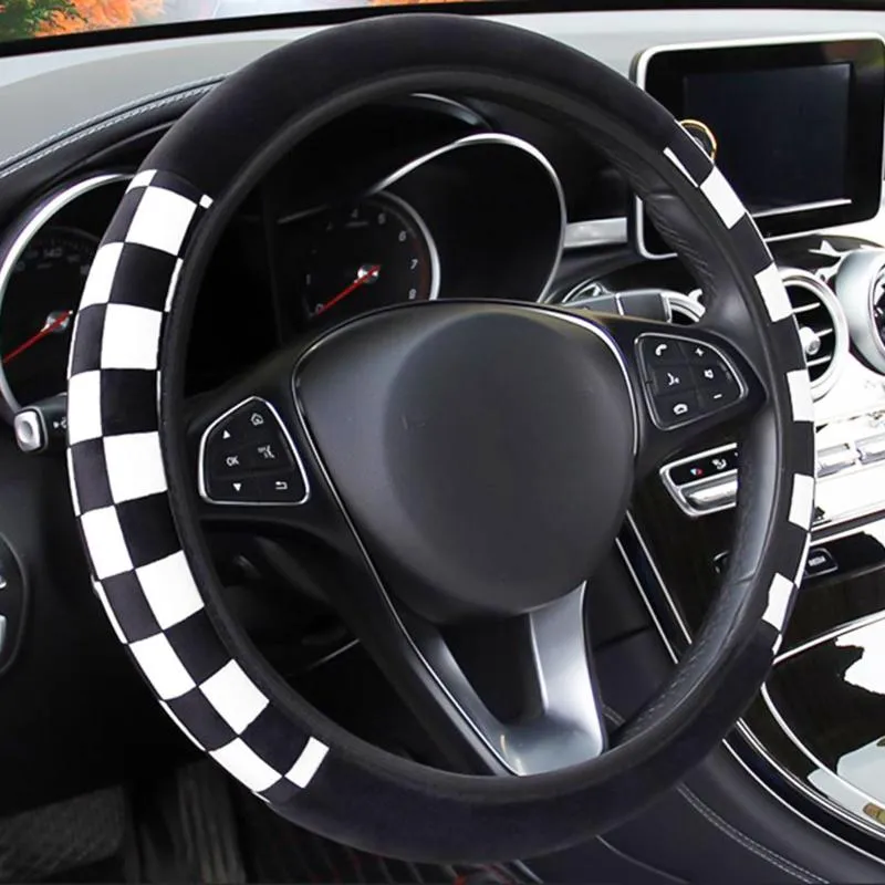 Pokrywa kierownicy Czarna biała kratka Plush Elastyczny samochód bez wewnętrznego pierścienia akcesoria uniwersalsteering
