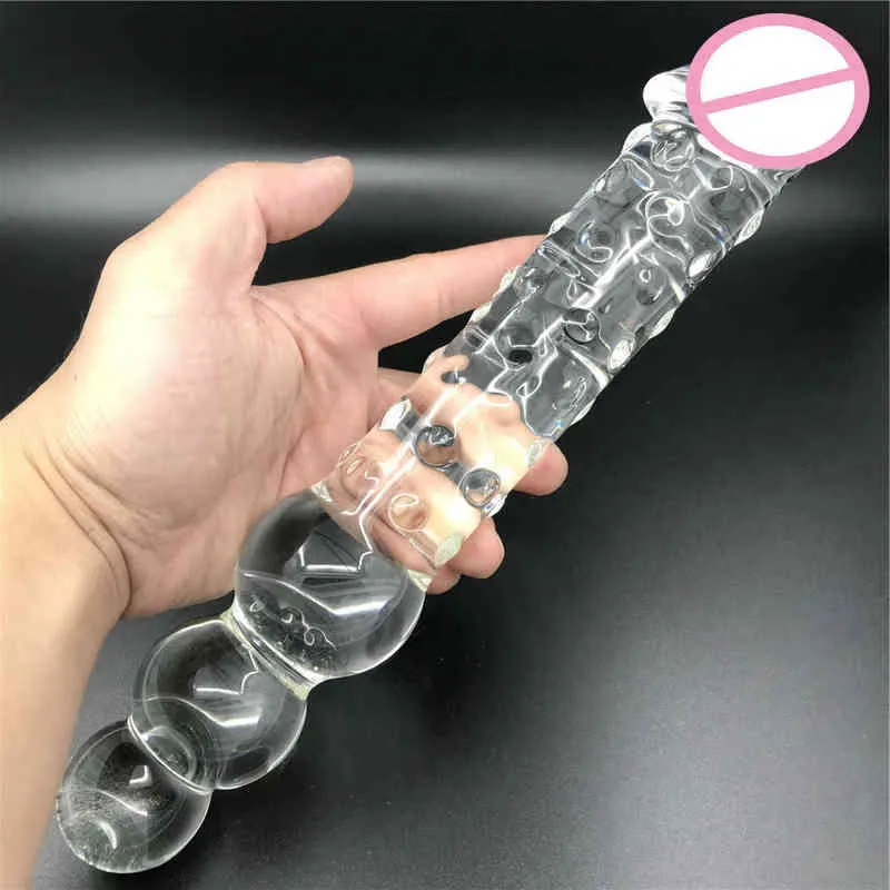 NXY Anal Toys Big Glass Double Dildo Ogromne przezroczyste koraliki wtyczki tyłka Realistyczne penis g punktowe masaż seksu dla kobiety mężczyzny 220506