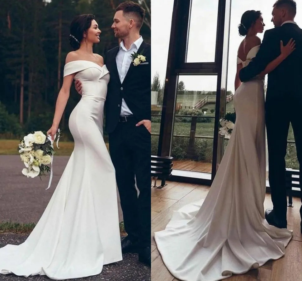 Elegante off-schouder zeemeermin zachte satijnen trouwjurken voor vrouwen 2022 Sweetheart veterloze Backless Bruid Jurken Robe de Mariee